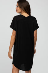 Black Ribbed V-Neck Cuffed Sleeve Round Hem Maternity Dress