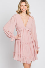 Pink Chiffon Ruffle Tiered Open Back Dress