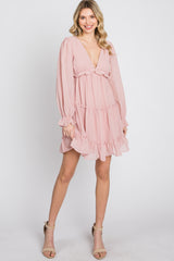 Pink Chiffon Ruffle Tiered Open Back Dress