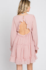 Pink Chiffon Ruffle Tiered Open Back Dress