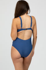 Navy Blue Knot Front Back Cutout One Piece Maternity Swimsuit