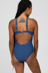 Navy Blue Knot Front Back Cutout One Piece Swimsuit