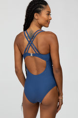 Blue Ruched Side Strappy Cross Back One Piece Swimsuit