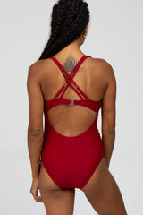 Red Ruched Side Strappy Cross Back One Piece Swimsuit