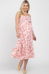 Pink Floral Sleeveless Ruffle Hem Maternity Midi Dress