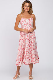 Pink Floral Sleeveless Ruffle Hem Midi Dress