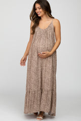 Brown Chevron Striped Ruffle Hem Maternity Maxi Dress