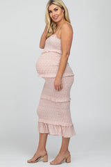 Pink Floral Print Smocked Maternity Maxi Dress