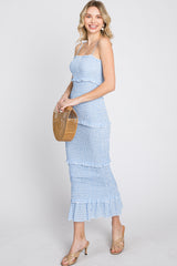 Blue Gingham Print Smocked Maternity Maxi Dress