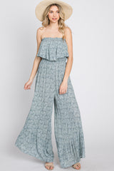 Blue Floral Strapless Ruffle Hem Jumpsuit