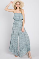 Blue Floral Strapless Ruffle Hem Jumpsuit