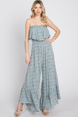 Blue Floral Strapless Ruffle Hem Jumpsuit