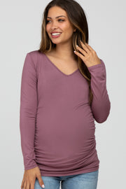 Mauve Long Sleeve Fitted Ruched Maternity Top