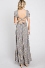 Grey Criss-Cross Back Floral Maxi Dress