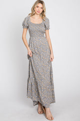 Grey Criss-Cross Back Floral Maxi Dress