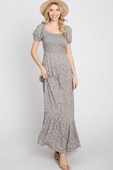 Grey Criss-Cross Back Floral Maxi Dress