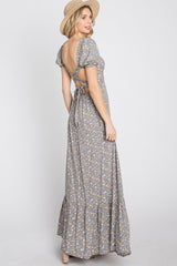 Grey Criss-Cross Back Floral Maxi Dress