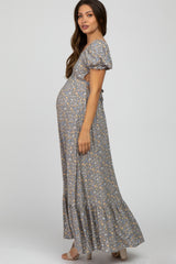 Grey Criss-Cross Back Floral Maternity Maxi Dress