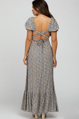 Grey Criss-Cross Back Floral Maternity Maxi Dress