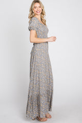 Grey Criss-Cross Back Floral Maxi Dress