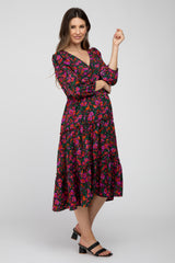 Black Floral Button Front Tiered Maternity Midi Dress