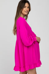 Fuchsia Ruffle Trim Long Sleeve Maternity Dress