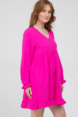 Fuchsia Ruffle Trim Long Sleeve Dress