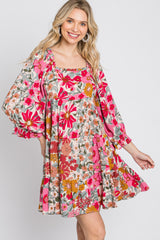 Pink Floral 3/4 Sleeve Tiered Dress