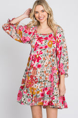 Pink Floral 3/4 Sleeve Tiered Maternity Dress