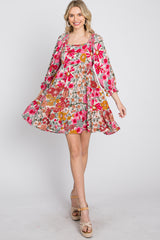 Pink Floral 3/4 Sleeve Tiered Dress