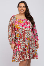 Pink Floral Ruffle Off Shoulder Plus Dress