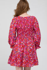 Fuchsia Floral Smocked Front Ruffle Trim Dress