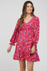 Fuchsia Floral Smocked Front Ruffle Trim Maternity Dress