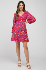 Fuchsia Floral Smocked Front Ruffle Trim Maternity Dress