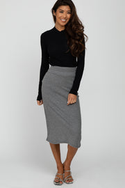 Charcoal Ribbed Back Slit Pencil Skirt