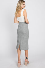 Heather Grey Ribbed Back Slit Pencil Skirt