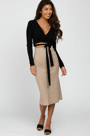 Beige Ribbed Back Slit Pencil Skirt