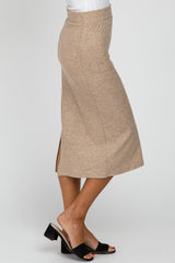 Beige Ribbed Back Slit Pencil Skirt