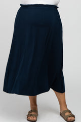 Navy Blue Gathered Waist Maternity Plus Midi Skirt