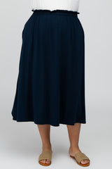 Navy Blue Gathered Waist Plus Midi Skirt