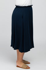 Navy Blue Gathered Waist Plus Midi Skirt