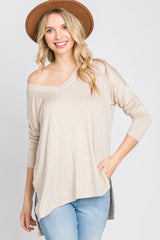 Beige V-Neck Hi-Low Long Sleeve Top