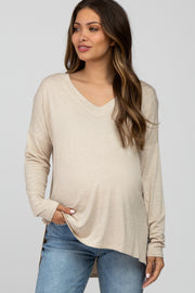 Beige V-Neck Hi-Low Long Sleeve Maternity Top