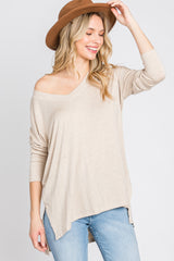 Beige V-Neck Hi-Low Long Sleeve Top