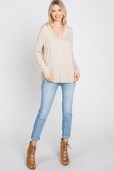 Beige V-Neck Hi-Low Long Sleeve Top