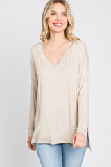 Beige V-Neck Hi-Low Long Sleeve Top