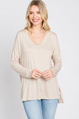 Beige V-Neck Hi-Low Long Sleeve Top