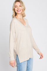 Beige V-Neck Hi-Low Long Sleeve Top