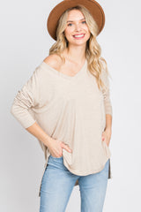 Beige V-Neck Hi-Low Long Sleeve Top