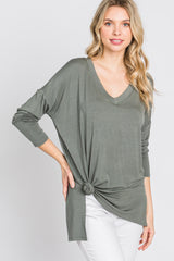 Olive V-Neck Hi-Low Long Sleeve Top